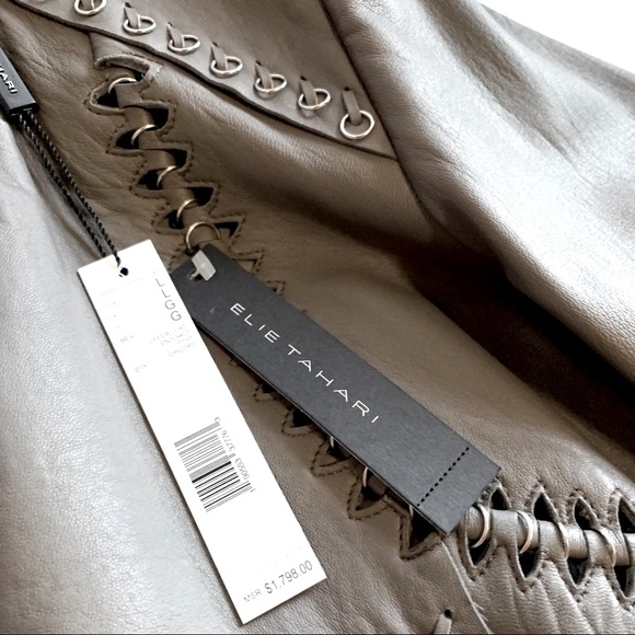 👽 Tahari 👽Veeda Stitch Embellished Leather Coat - Picture 6 of 9